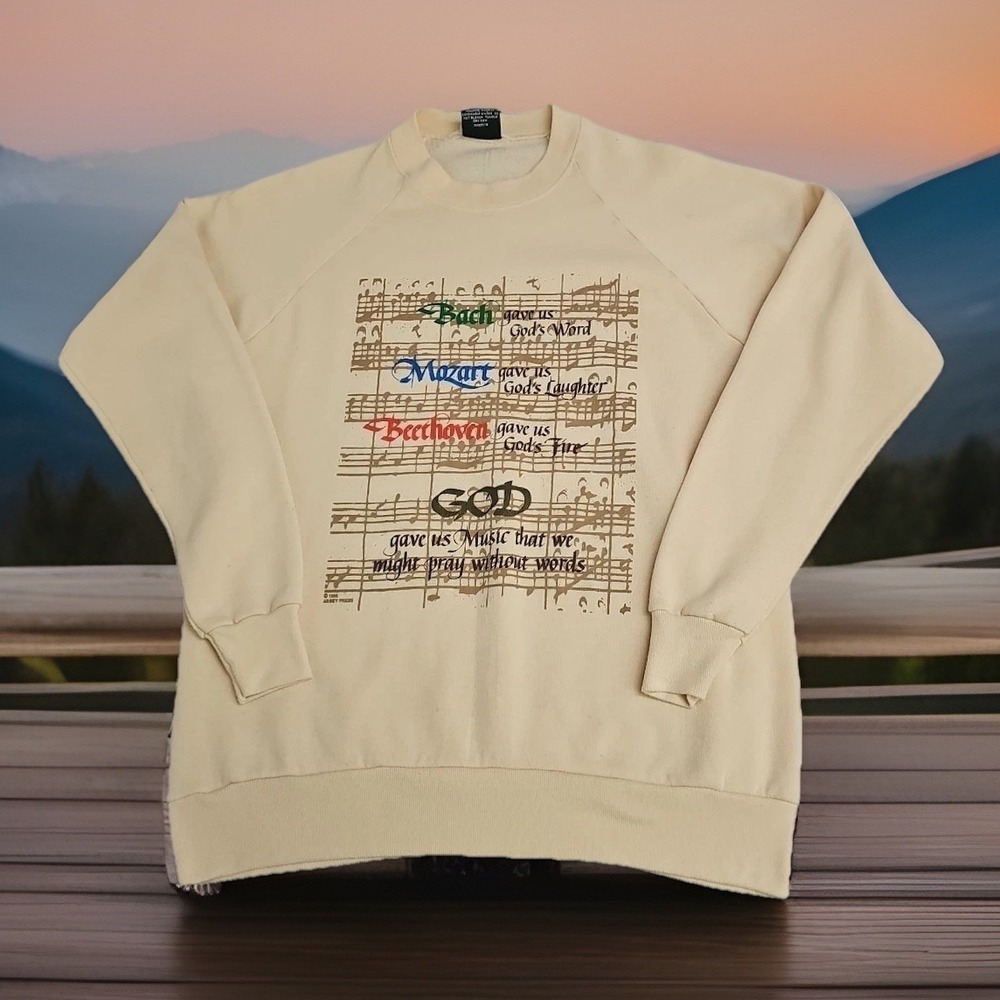 Vintage 90s Sweatshirt Sweater Crewneck Sz XL Mozart Bach Beethoven Music Notes
